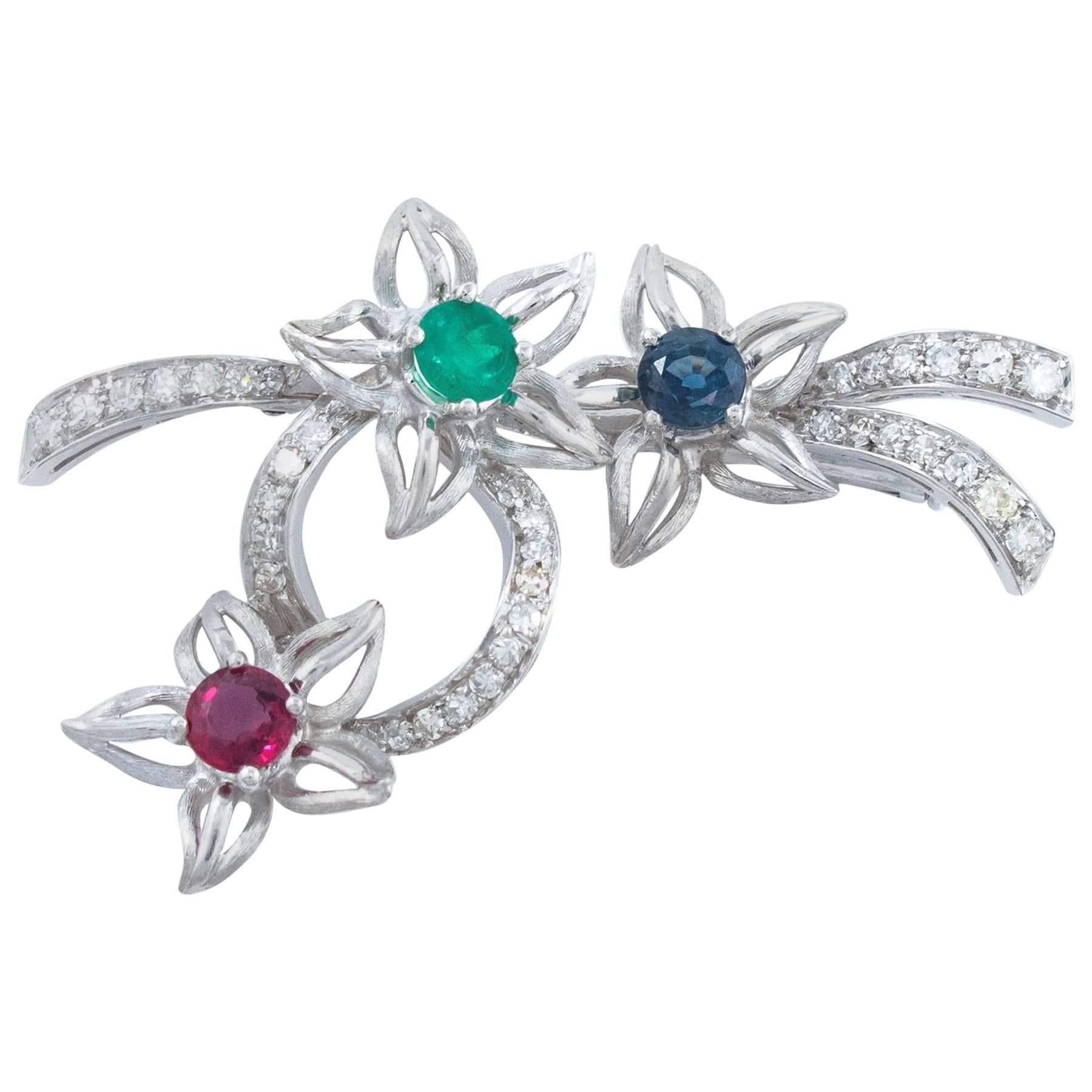 Diamond, Emerald, Ruby and Blue Sapphire Brooch set in Platinum For Sale