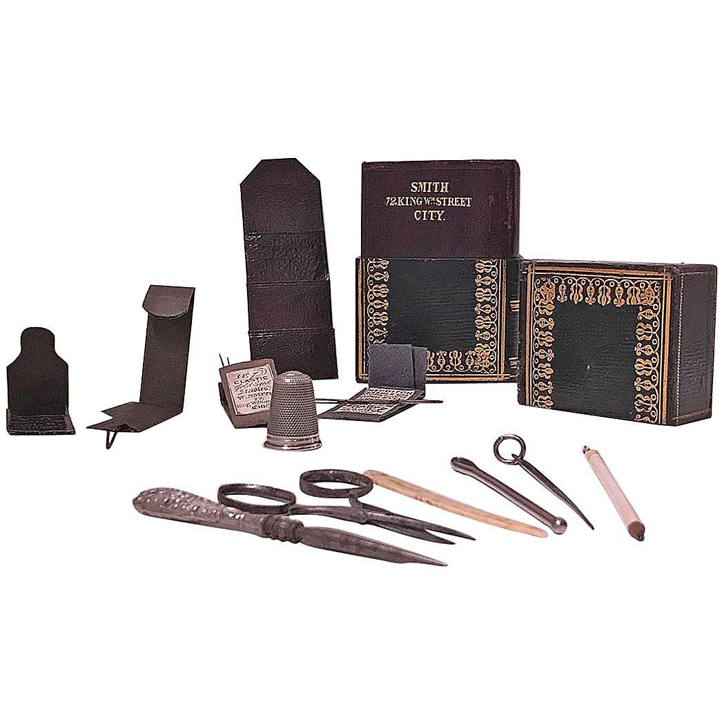 Antique Sewing Needlework Set in fitted bound book, circa 1840 