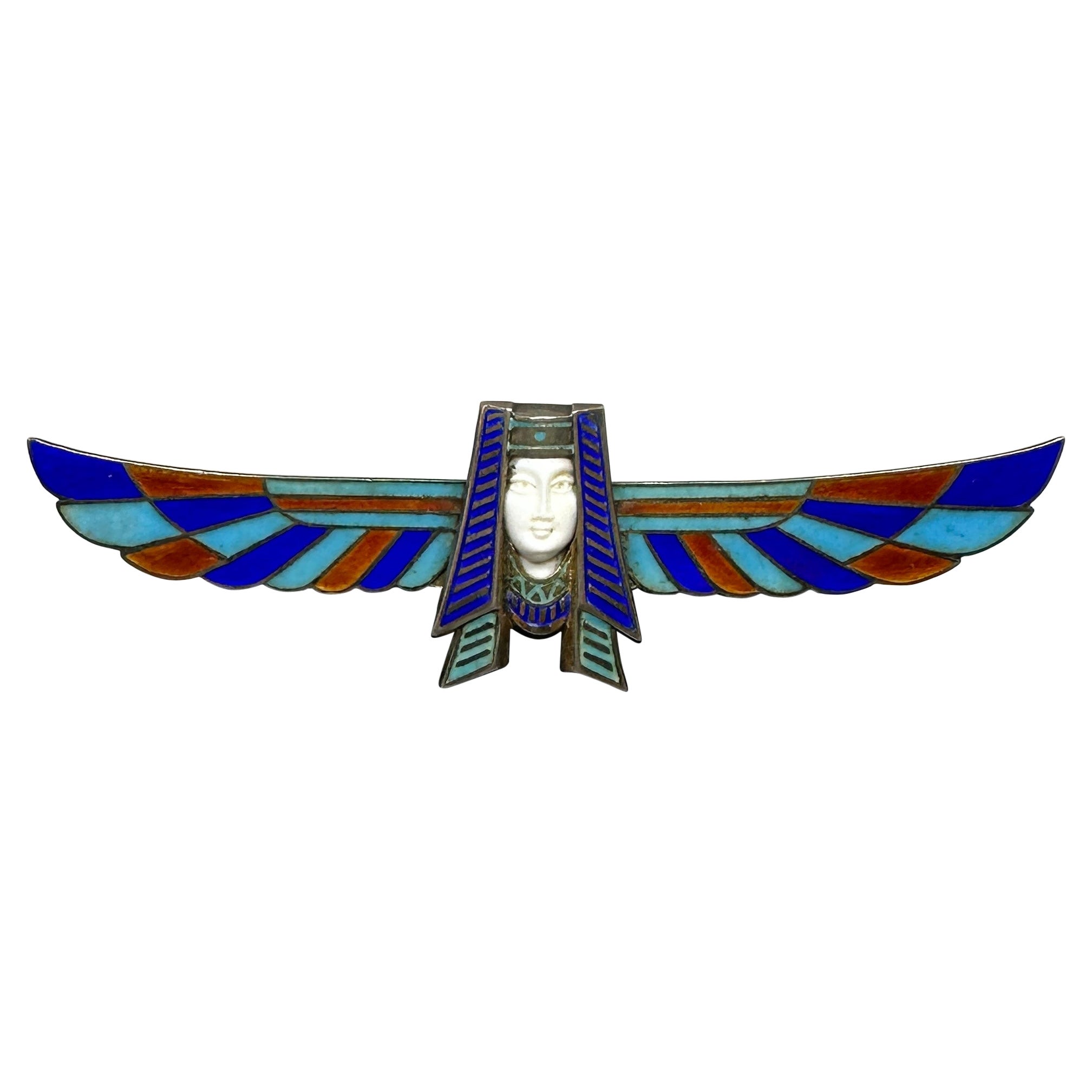 Egyptian Revival Winged Pharaoh King Tut Enamel Brooch Pin Art Deco Silver 3.6"
