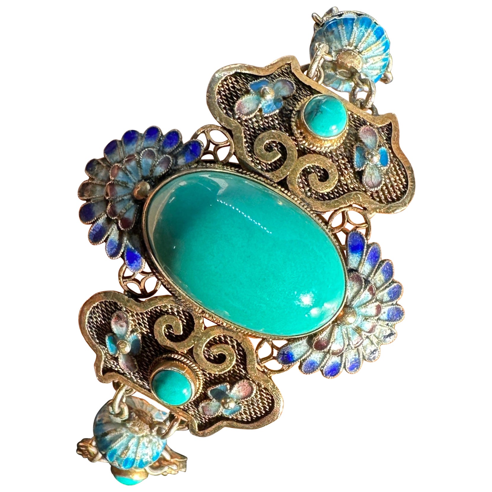 Chinesisches Art déco-Export-Armband, Art déco, Türkis, Emaille, Silber, vergoldete Lotusblume, Silber