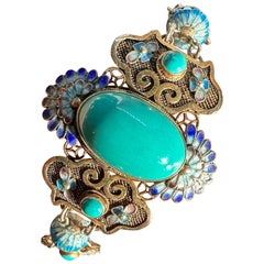 Pulsera Art Decó China de Exportación Turquesa Esmalte Plata Dorada Flor de Loto