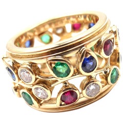 Cartier Diamond Sapphire Emerald Ruby Wide Yellow Gold Band Ring