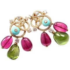 Vintage Bulgari Diamond Turquoise Pink and Green Tourmaline Yellow Gold Earrings