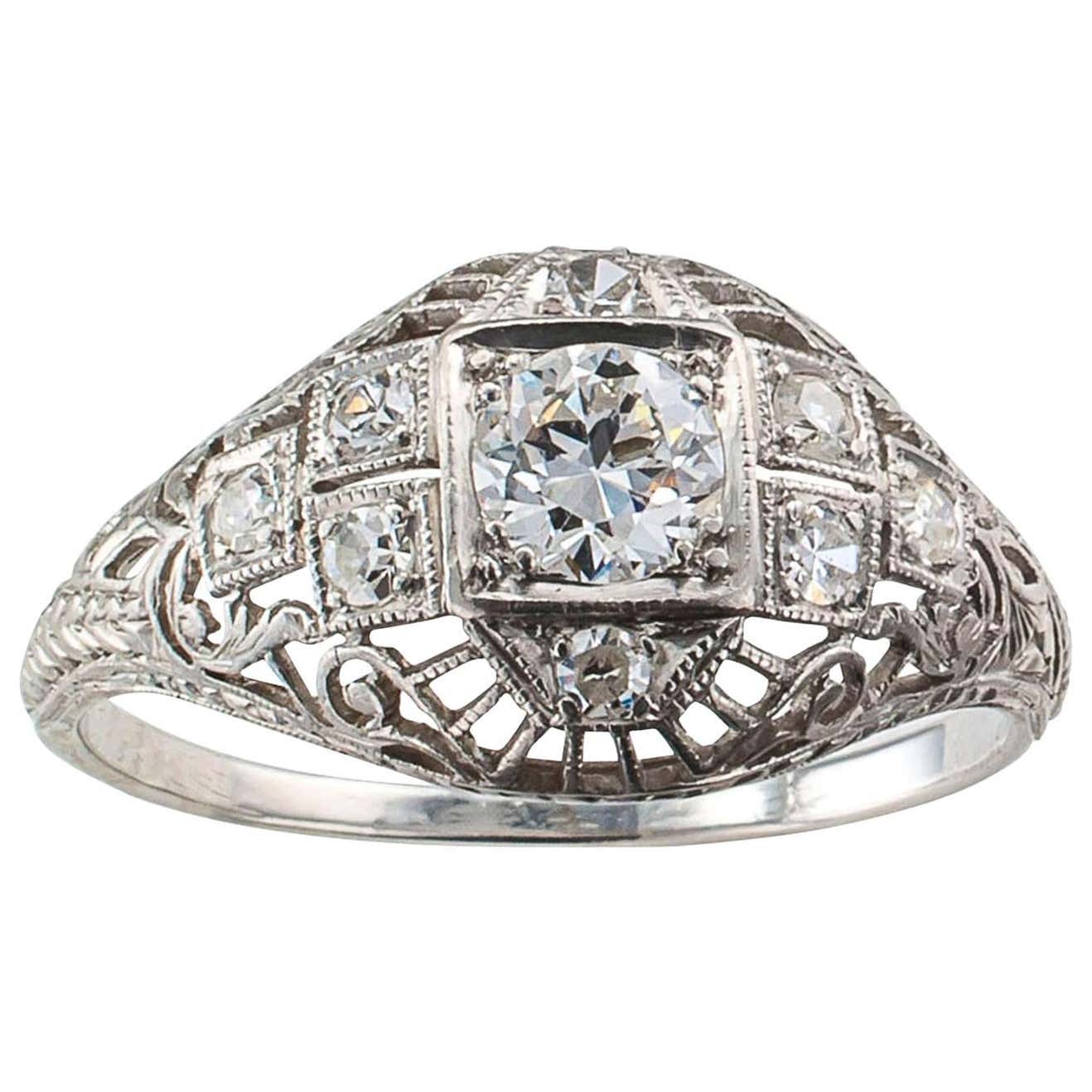 Edwardian Diamond Platinum Engagement Ring Size 9 1/4 For Sale at 1stDibs