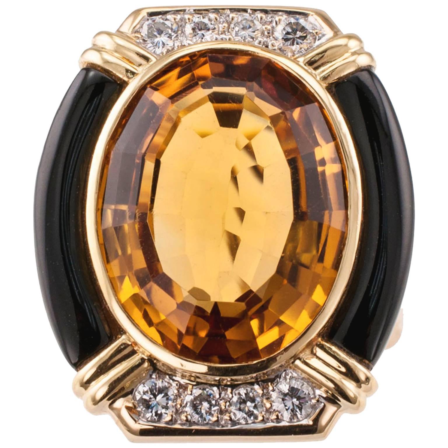 1980s Citrine Onyx Diamond Gold Ring Size 9 1/2