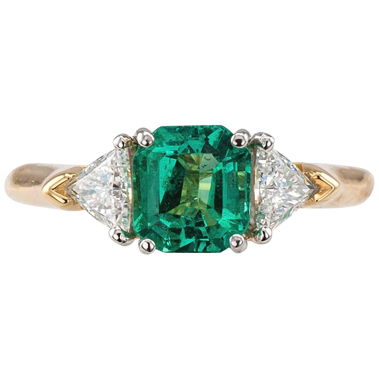 Emerald Diamond Gold Platinum Three-Stone Ring