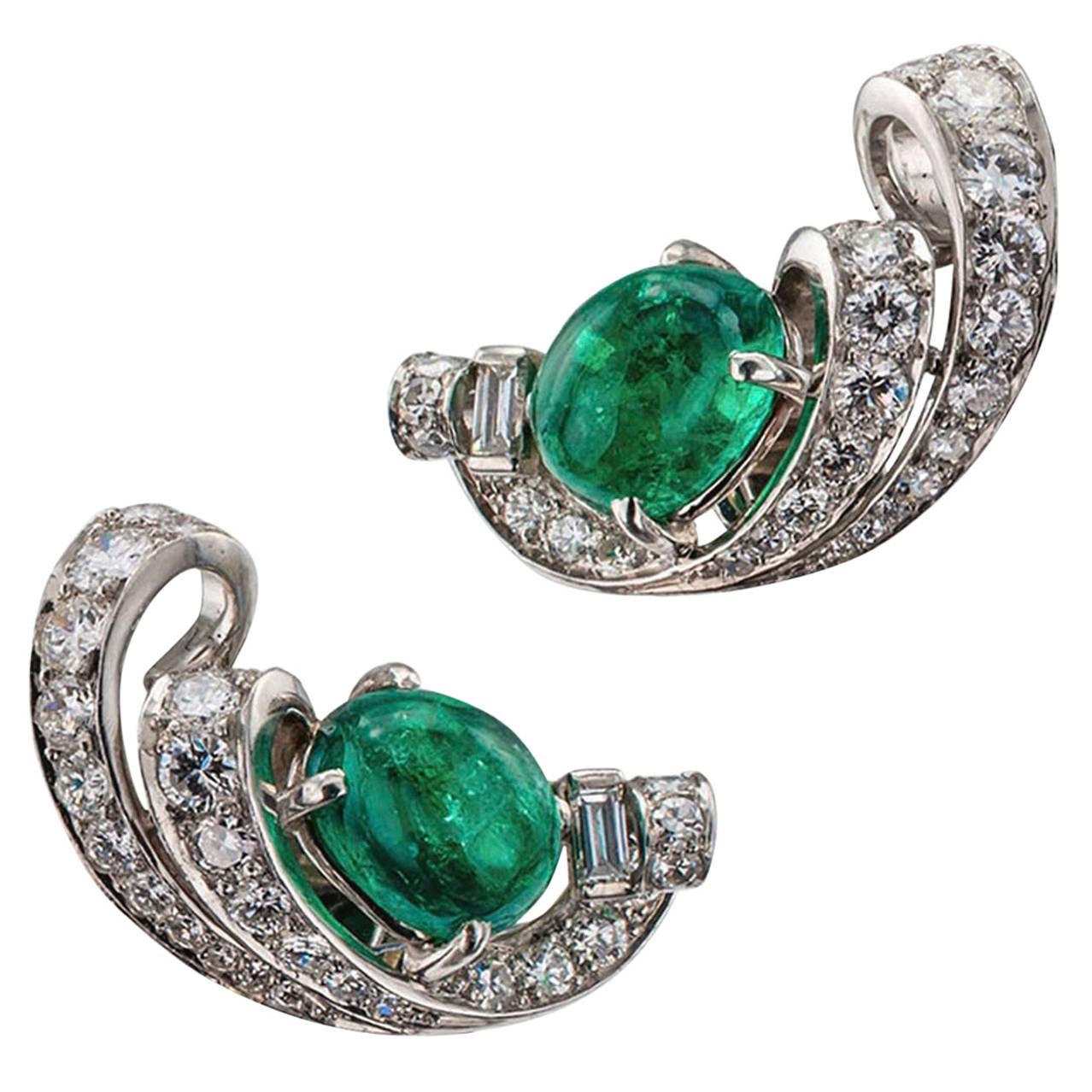 1930s Emerald Diamond Platinum Ear Clips