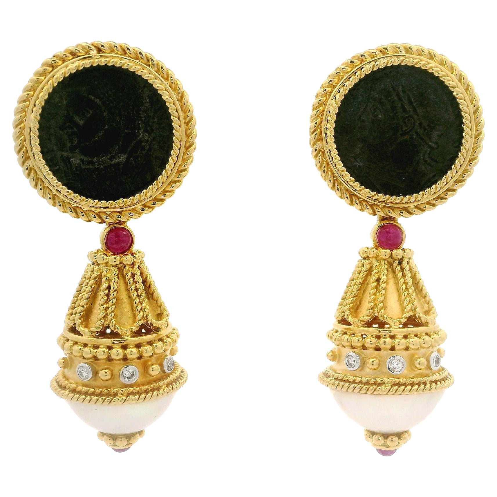 Vintage 18k Gold Mabe Pearl Diamond Ruby & Coin Day Night Dangle Drop Earrings