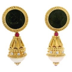 Vintage 18k Gold Mabe Pearl Diamond Ruby & Coin Day Night Dangle Drop Earrings