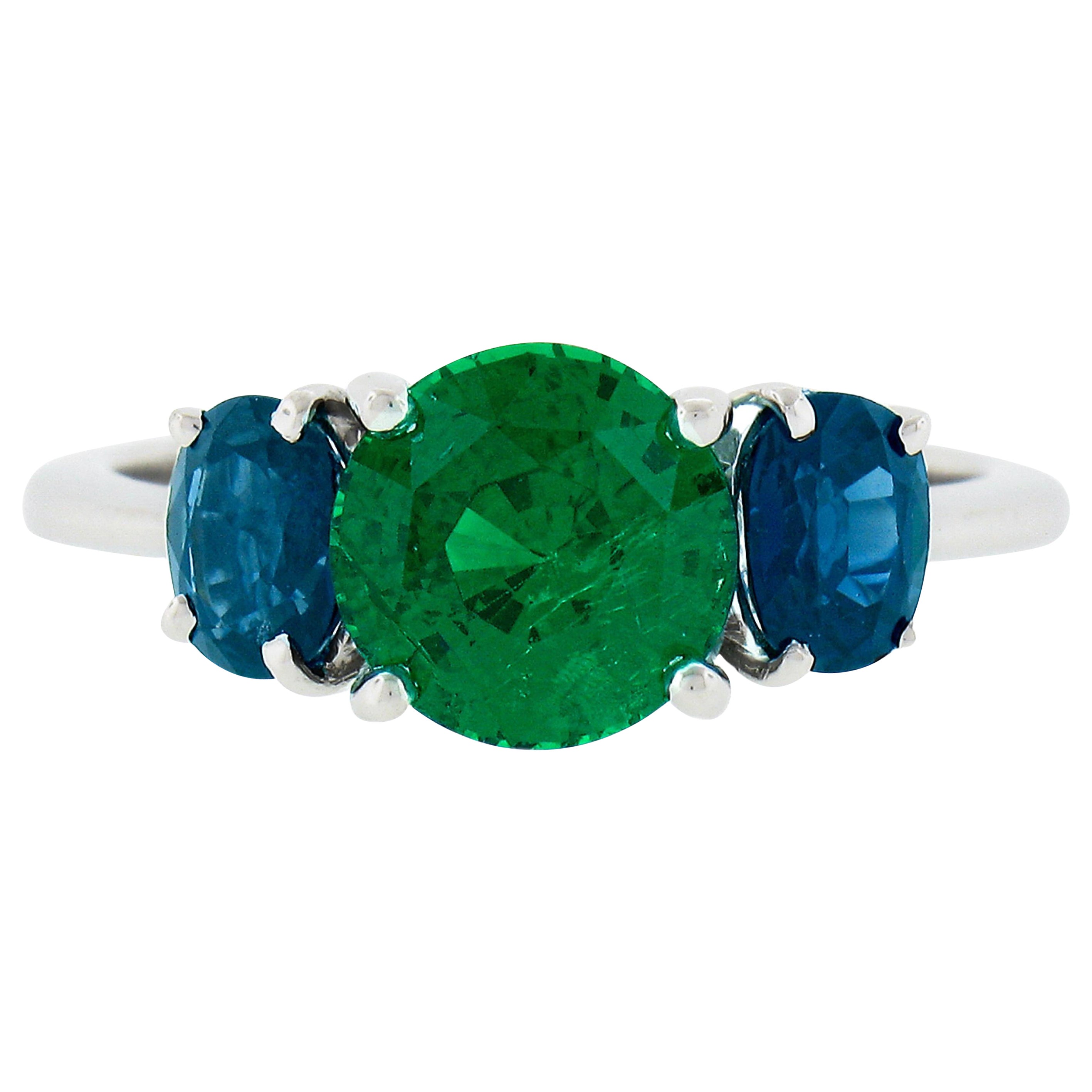 Platinum 2.89ctw GIA Round Green Tsavorite & Oval Sapphire Three 3 Stone Ring