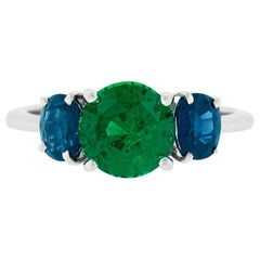 Platinum 2.89ctw GIA Round Green Tsavorite & Oval Sapphire Three 3 Stone Ring