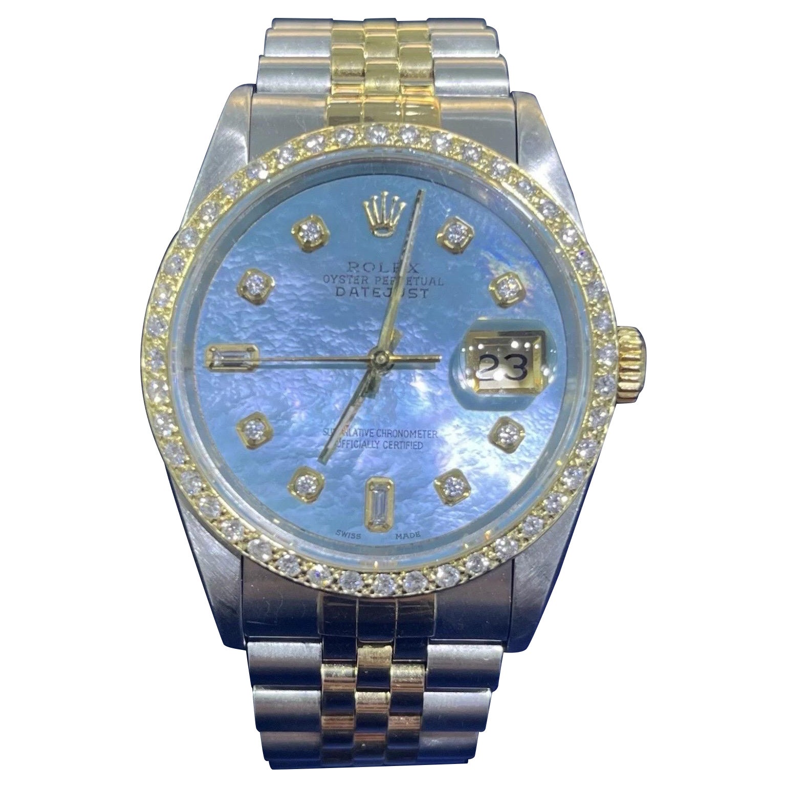 Rolex Montre DateJust 36mm bleue MOP avec lunette en or 18K et acier Jubilee 16233