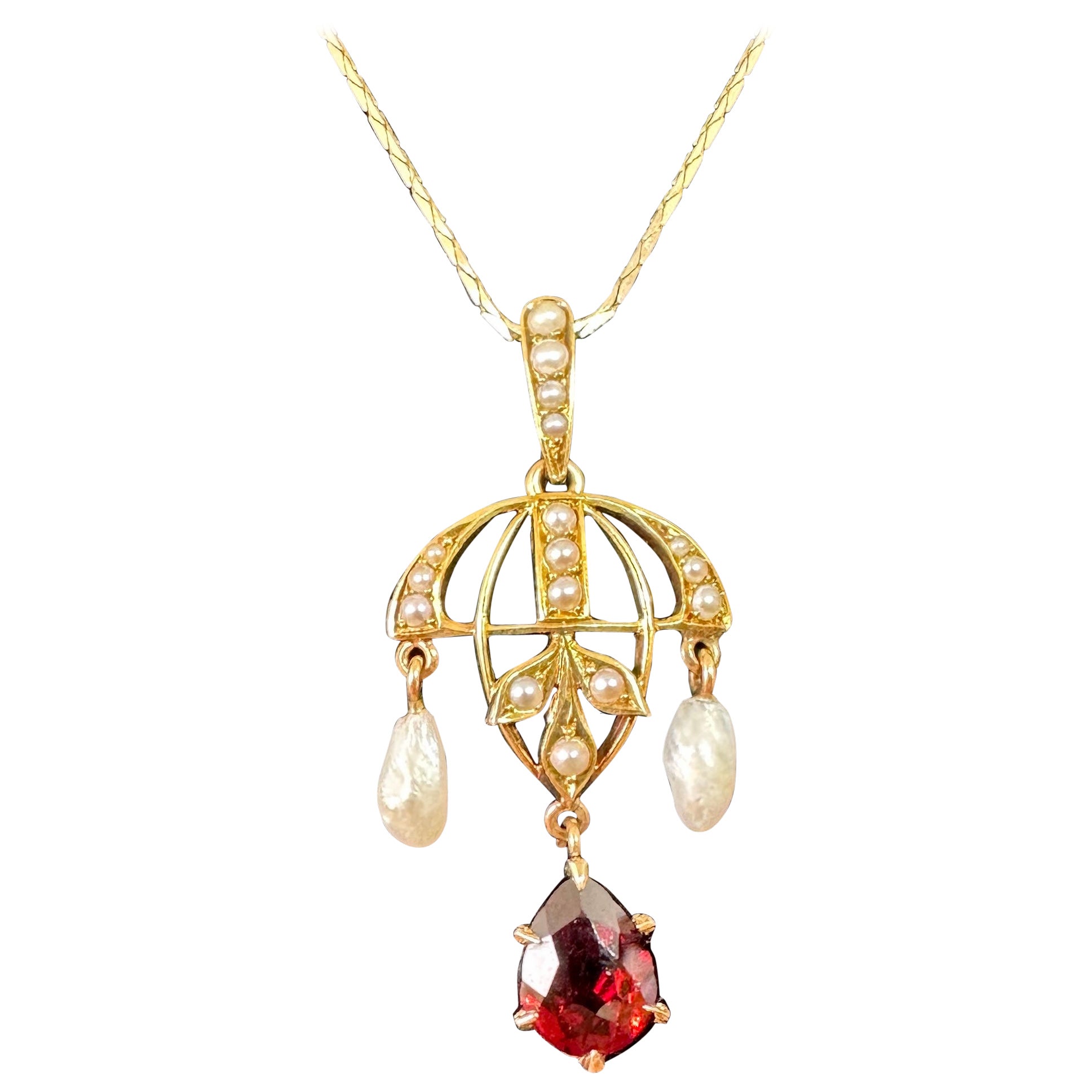 Art Deco Garnet Pearl Pendant Lavalier Necklace 14 Karat Gold Chandelier Motif
