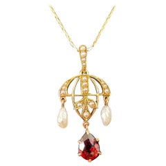 Art Deco Granat-Perlen-Anhänger Lavalier-Halskette 14 Karat Gold Kronleuchter-Motiv