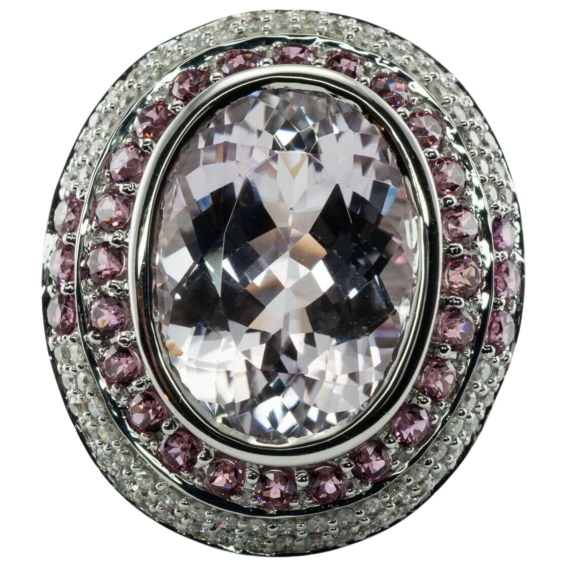 Diamante Zafiro Rosa Kunzita Anillo Cóctel Oro Blanco 14K