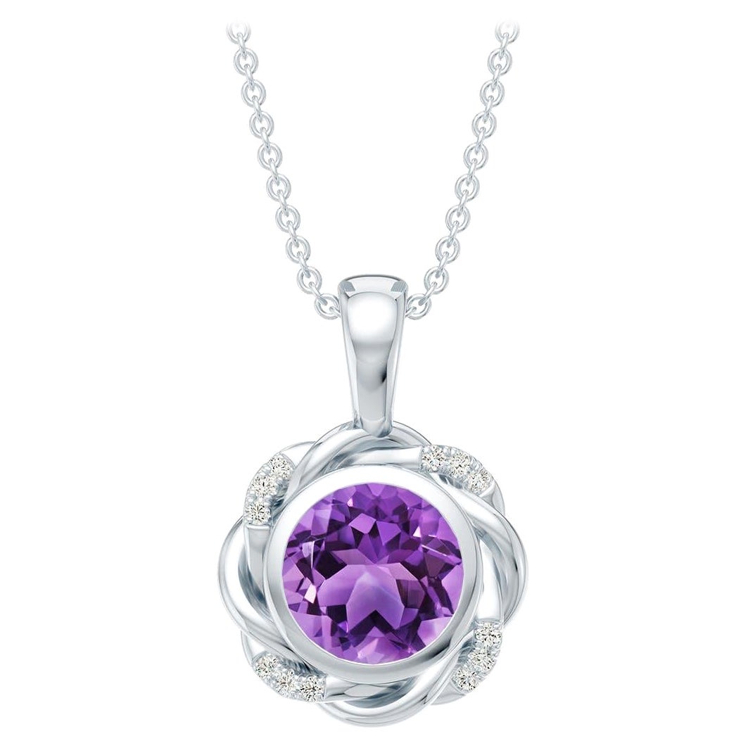 Natural 1.15Ct Amethyst Diamond Twisted Rope Pendant Necklace in 14K White Gold For Sale