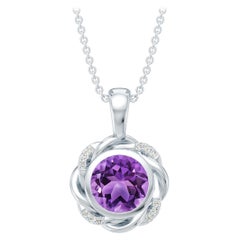 Natural 1.15Ct Amethyst Diamond Twisted Rope Pendant Necklace in 14K White Gold