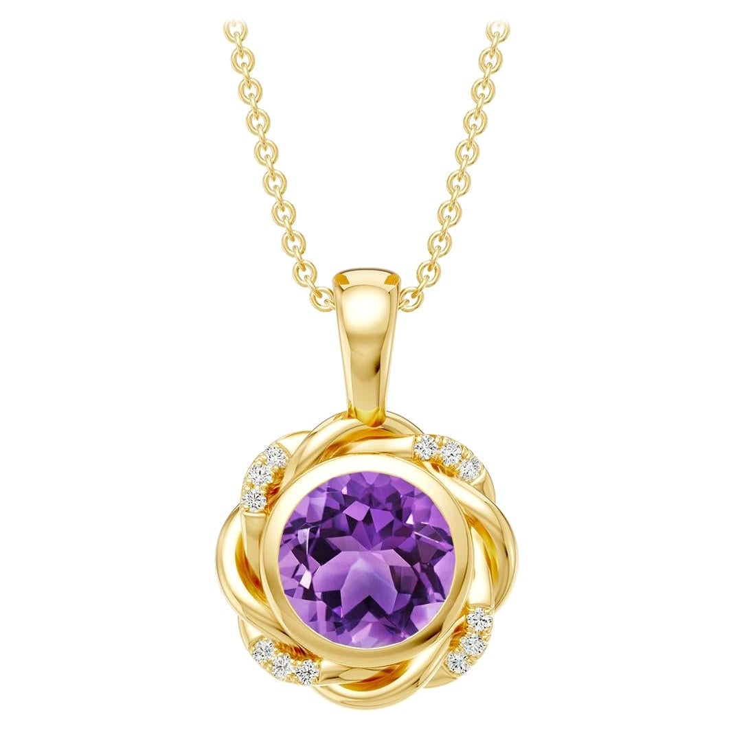 Natural 1.15Ct Amethyst Diamond Twisted Rope Pendant Necklace in 14K Yellow Gold