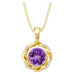 Natural 1.15Ct Amethyst Diamond Twisted Rope Pendant Necklace in 14K Yellow Gold