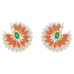 6.02 Carat Coral Emerald 4.62 Carat SI/H Diamond 18k Yellow Gold Earrings