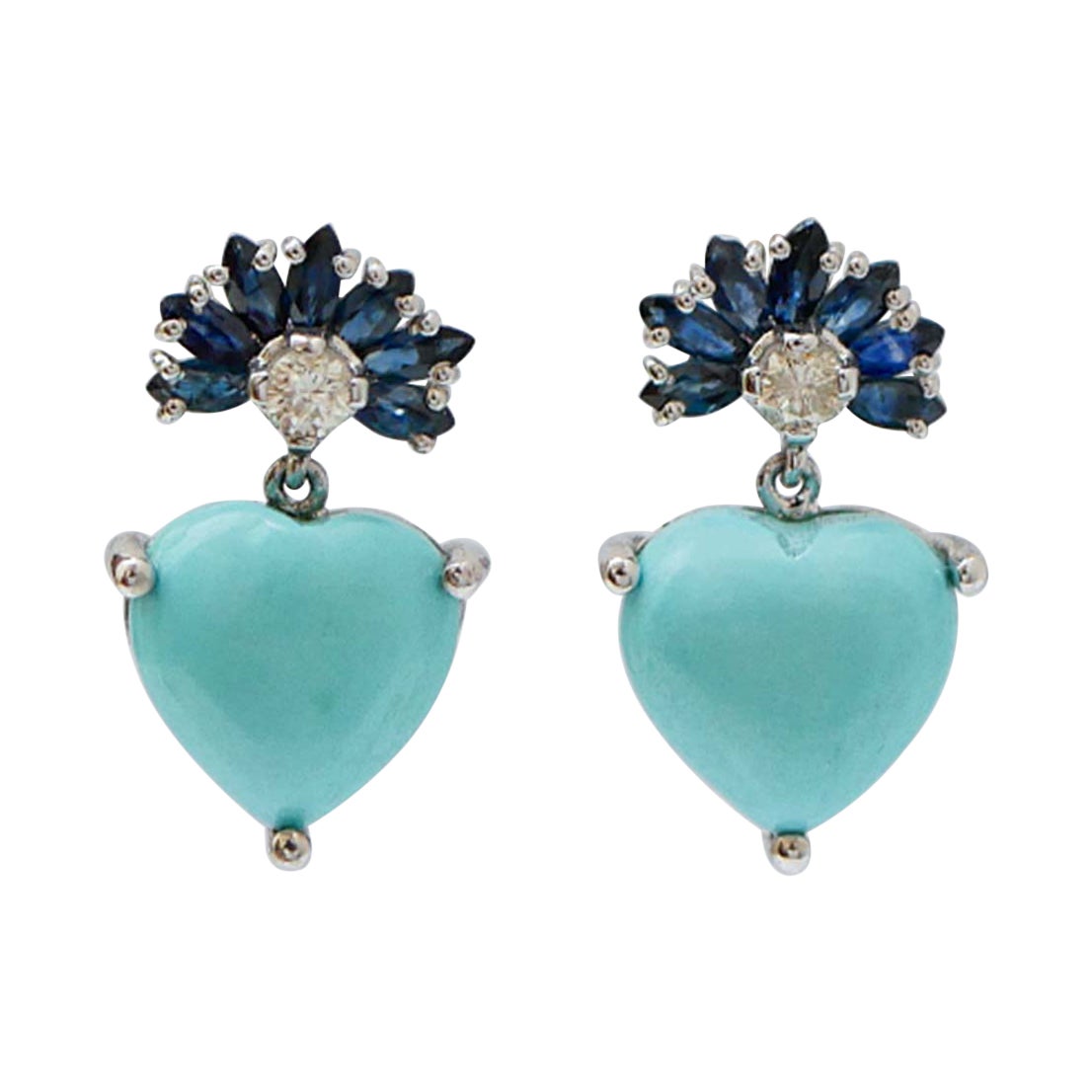 Turquoise, Sapphires, Diamonds, 14 Karat White Gold Earrings.