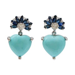 Turquoise, saphirs, diamants, boucles d'oreilles en or blanc 14 carats.