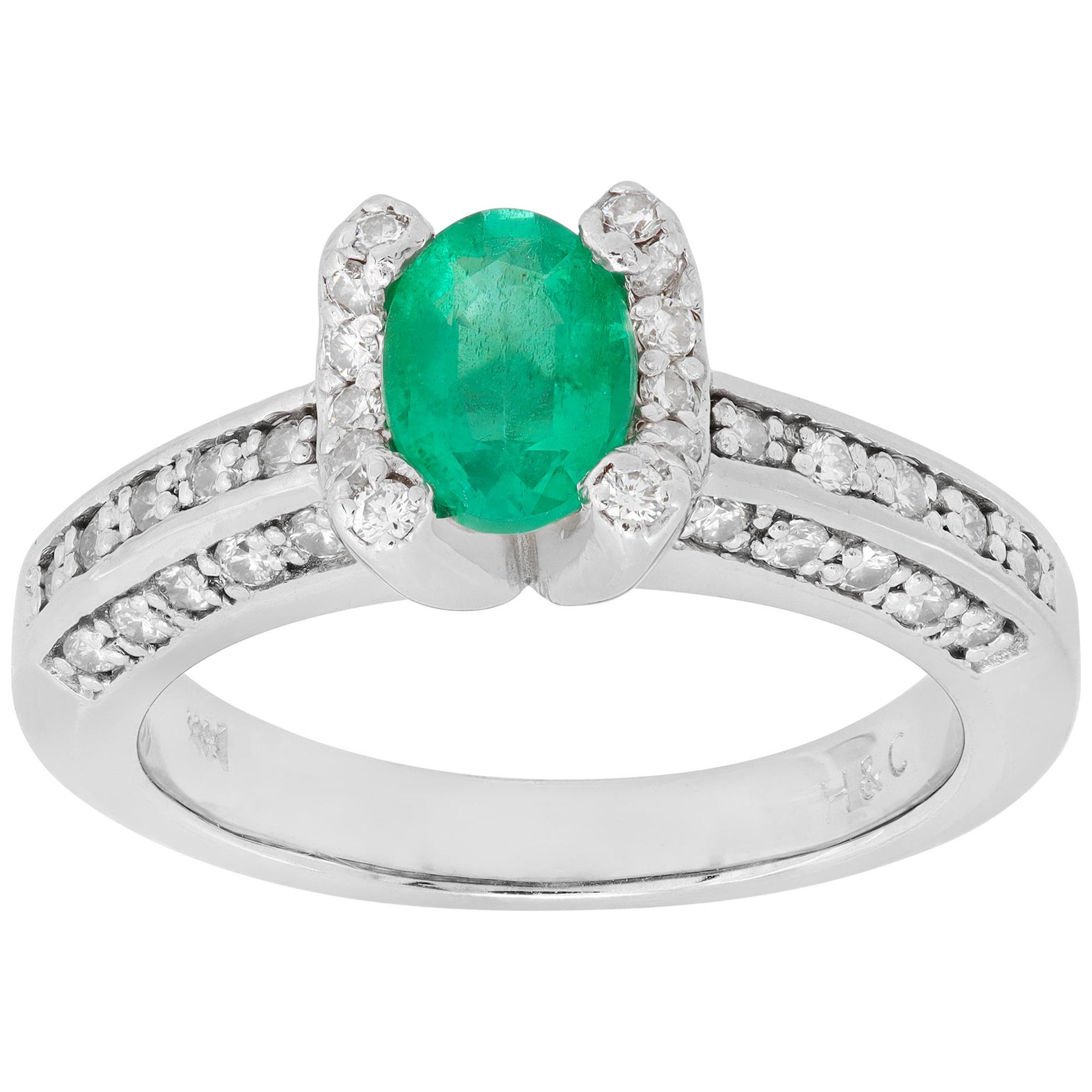 Oval Cut Emerald Diamond White Gold Ring For Sale