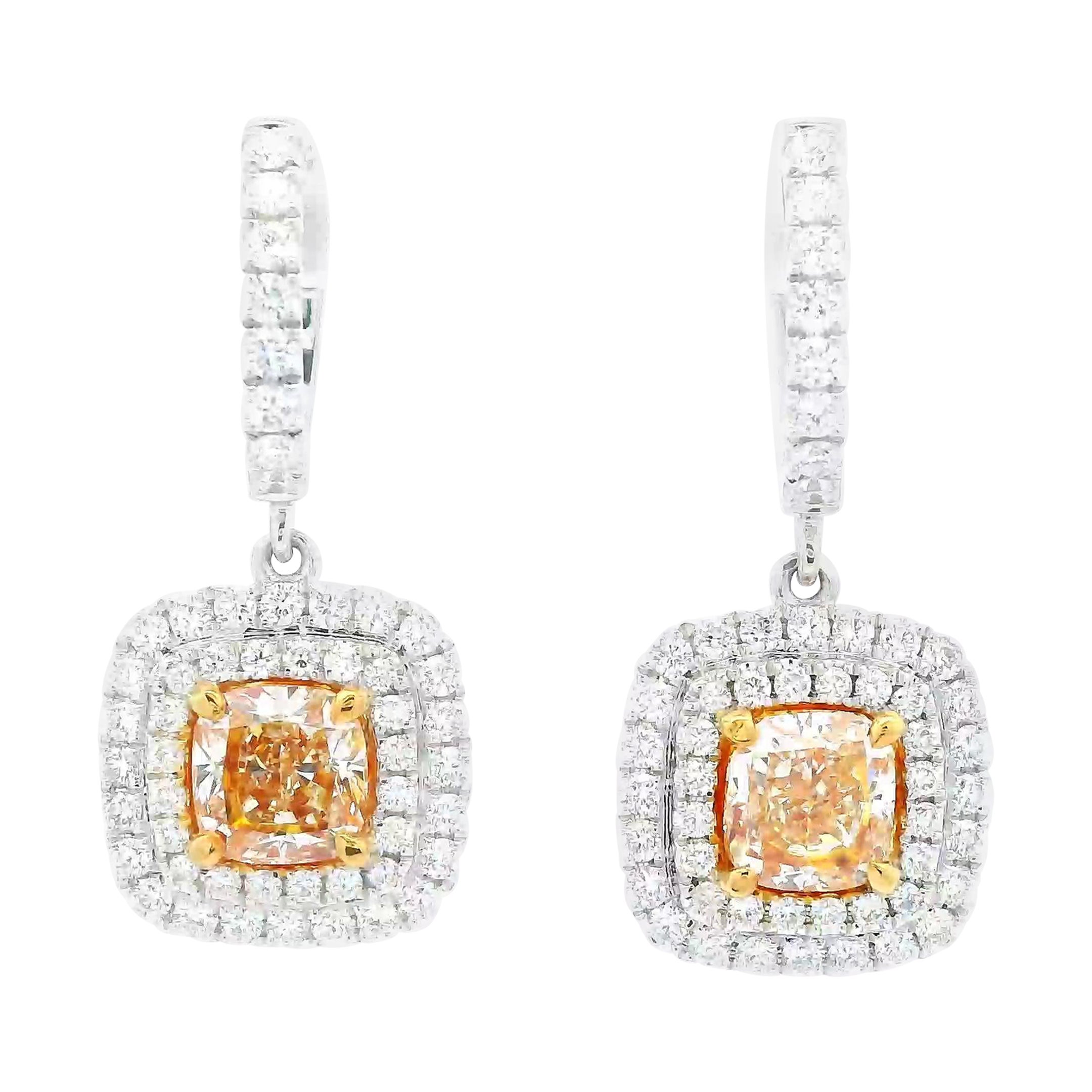 3.19ctt Certified Yellow Diamond Dangle Earrings with Double Halo 18k