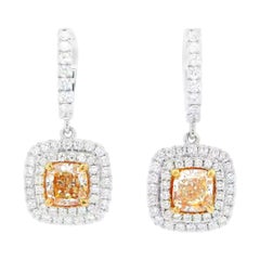 Pendants d'oreilles 18 carats avec double halo de diamants jaunes certifiés 3,19 carats