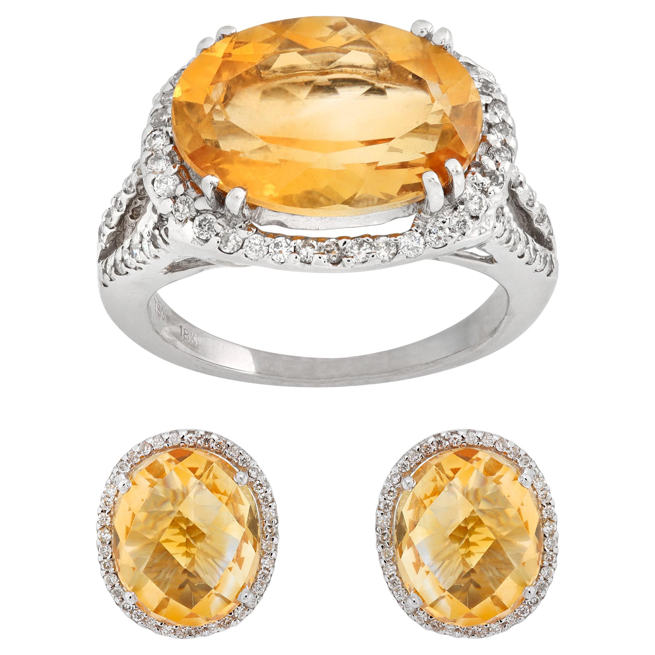Citrine and Diamond White Gold Ring and Earrings Set For Sale