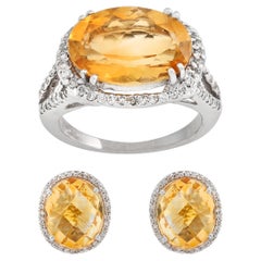 Ring und Ohrringe aus Weißgold mit Citrin und Diamant