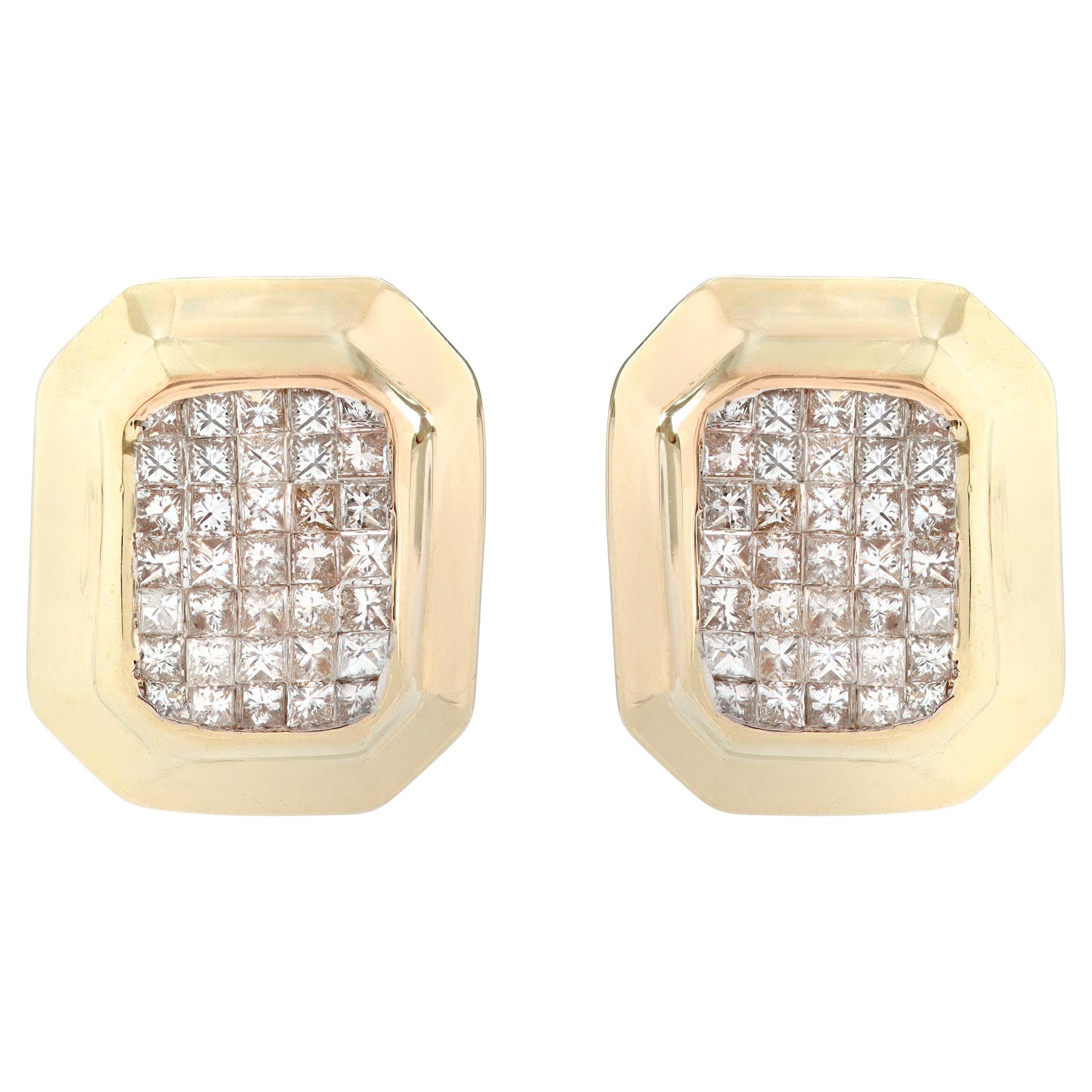 Princess Cut Diamond Yellow Gold Button Earrings