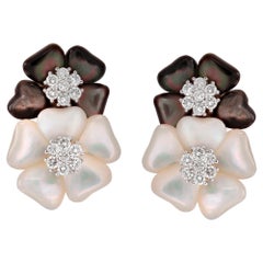 Diamond Flower with Black / White Mother of Pearl White Gold Earrings