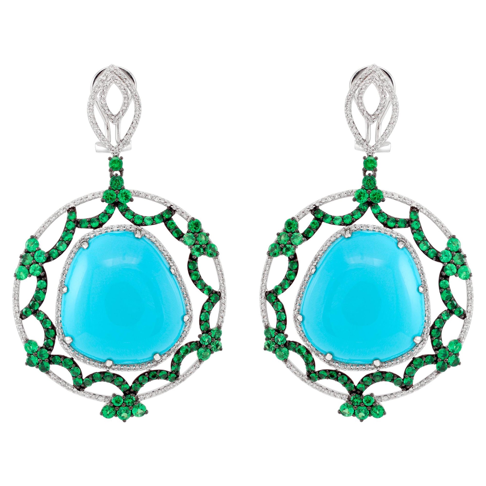 Pendientes Oro Blanco Diamante Turquesa Peridoto