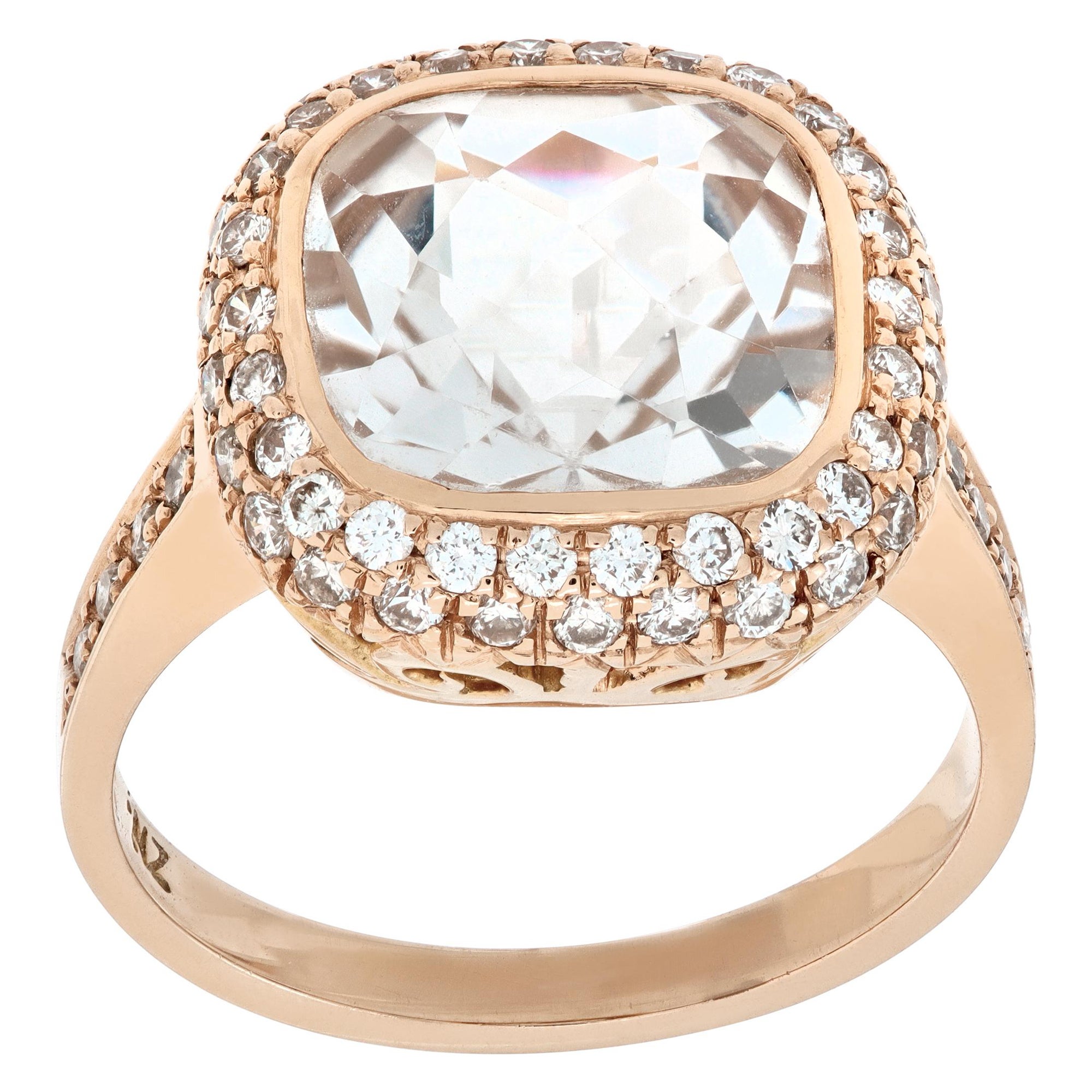 Diamond Halo Cushion Cut White Quartz Yellow Gold Ring For Sale