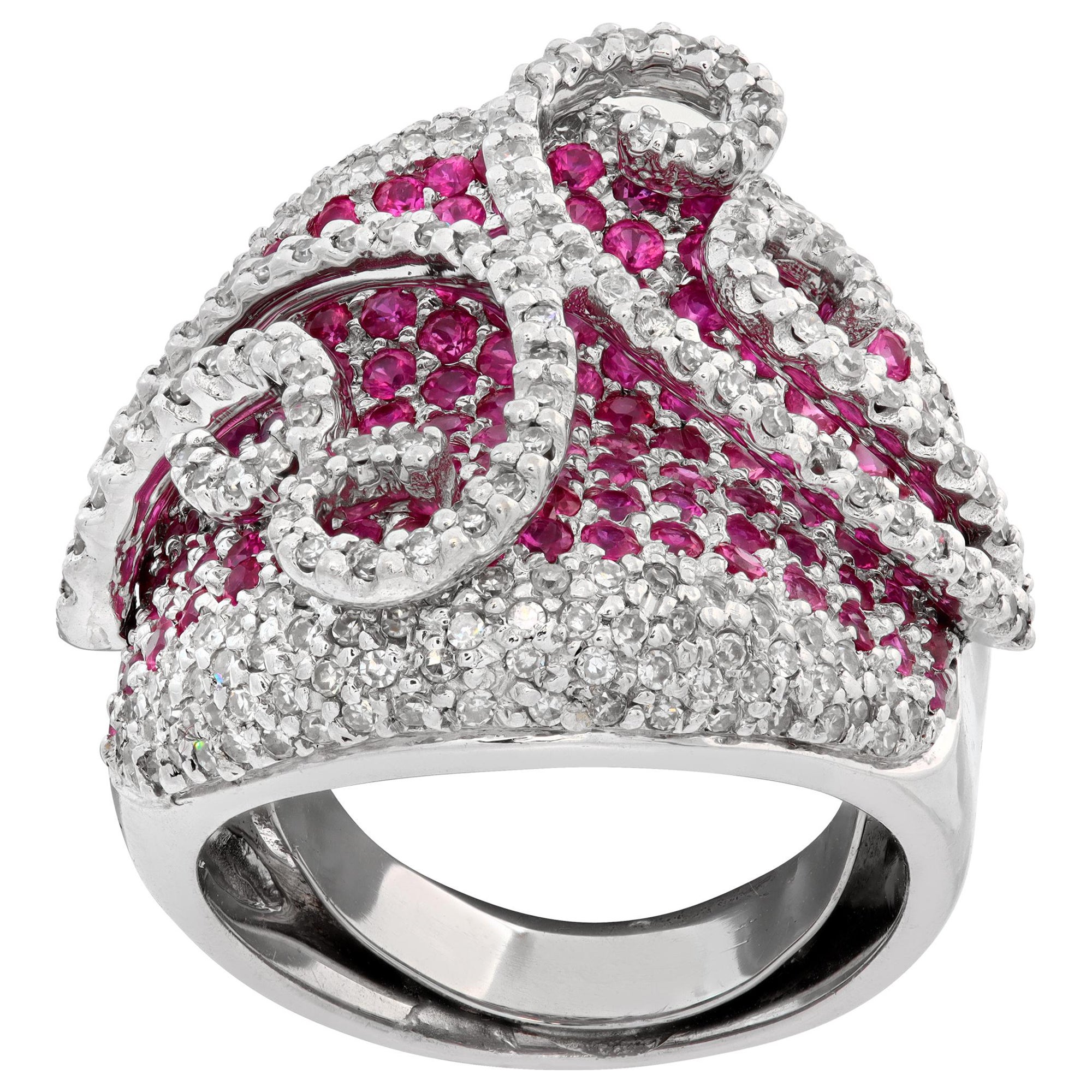Diamond and Ruby Swirl White Gold Ring