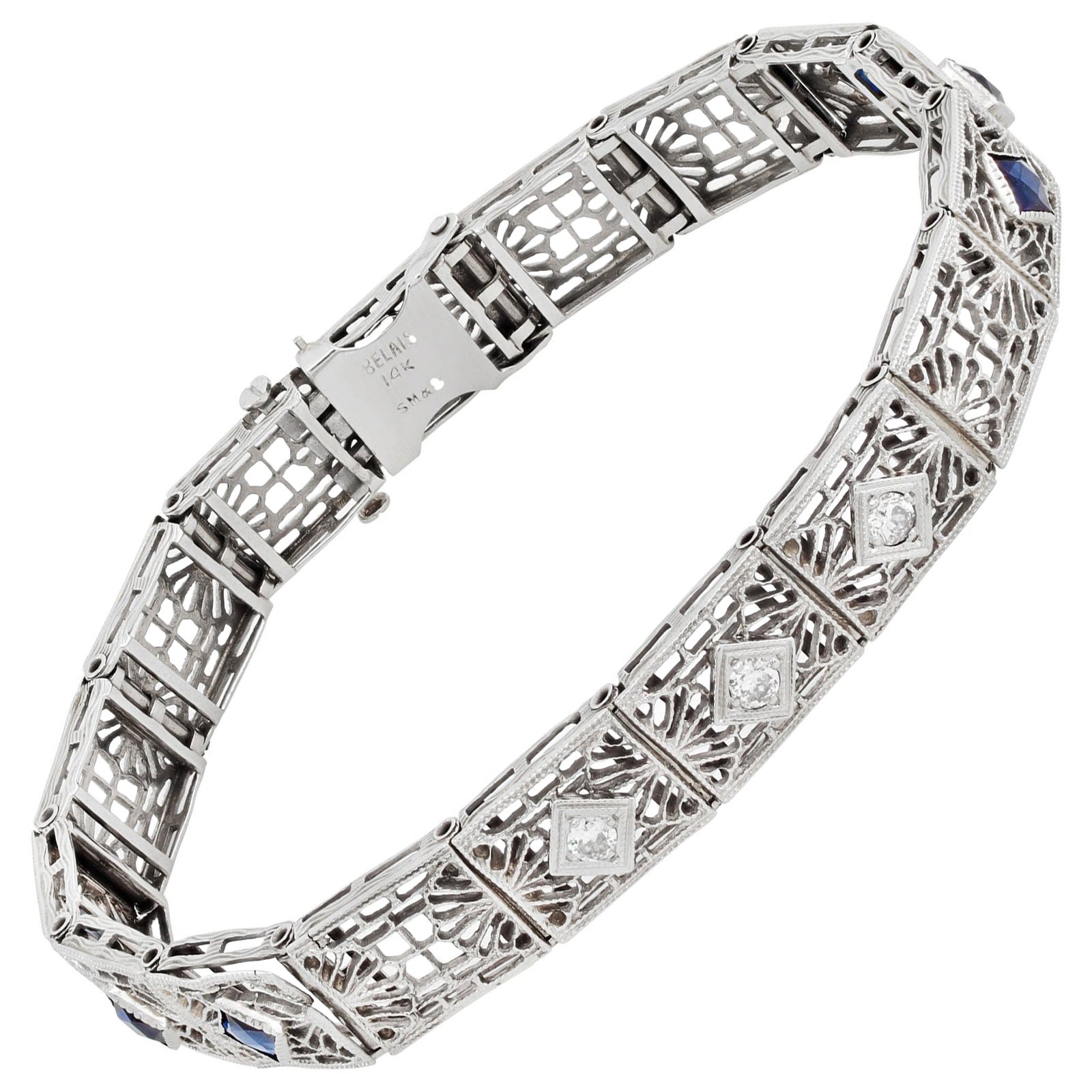 "Belais SM & S" Signed Art Deco Filigree White Gold Bracelet