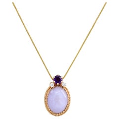 Colgante Cabujón Ovalado Jade Lavanda Amatista Diamante Oro Amarillo