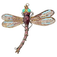 Antique Art Deco Dragonfly Pendant Chinese Export Turquoise Enamel Silver Gilt Necklace