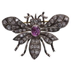 Edwardian Silver and Gold Pink Sapphire and Diamond Insect Brooch