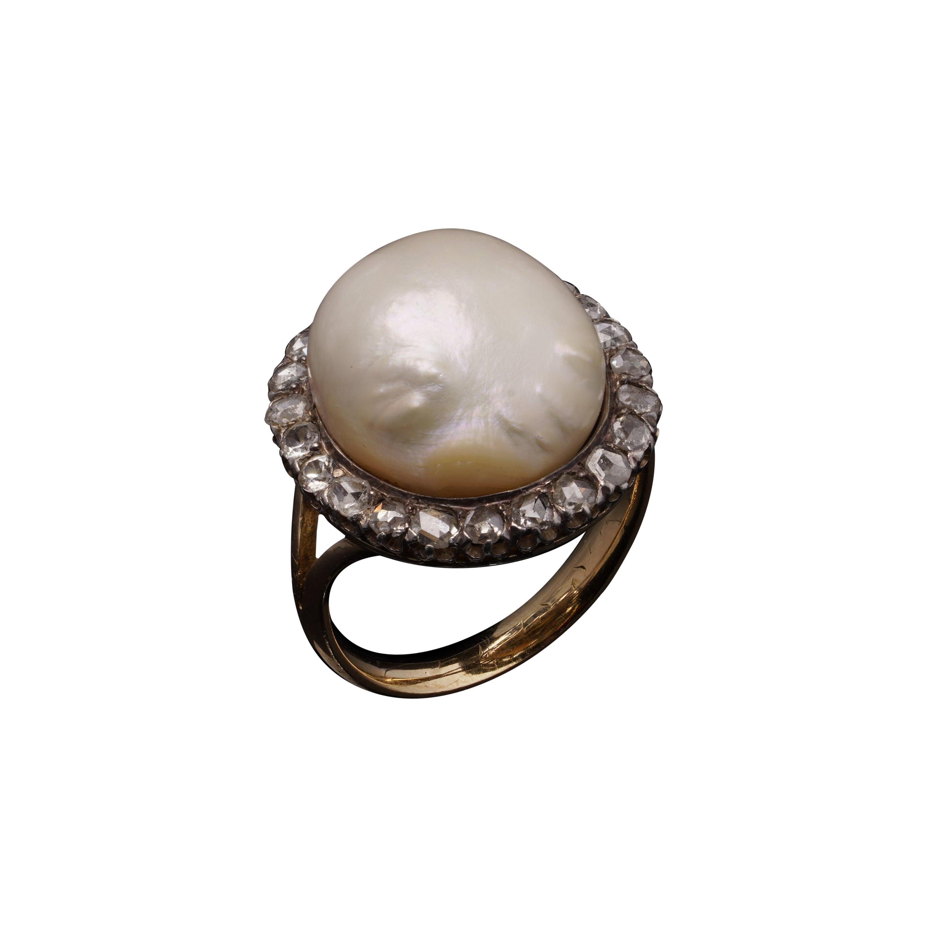 Antique 18kt Gold and Silver Pearl & Rose-Cut Diamond Cluster Ring