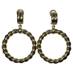 18k Fine Yellow Gold Drop Hoops Clip Vintage Earrings.