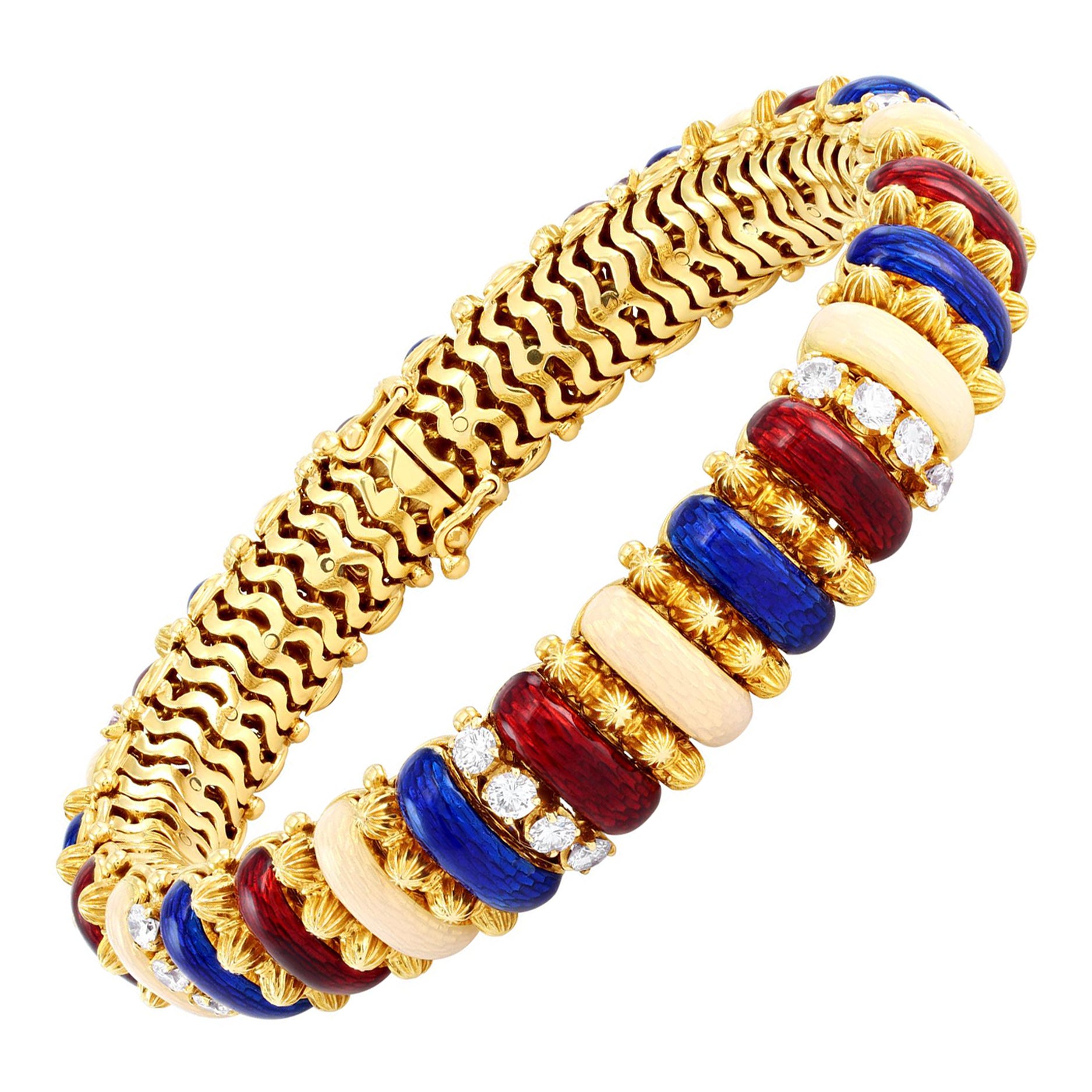 French European Enamel Stations and Diamond Yellow Gold Bracelet For Sale