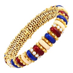 French European Enamel Stations and Diamond Yellow Gold Bracelet
