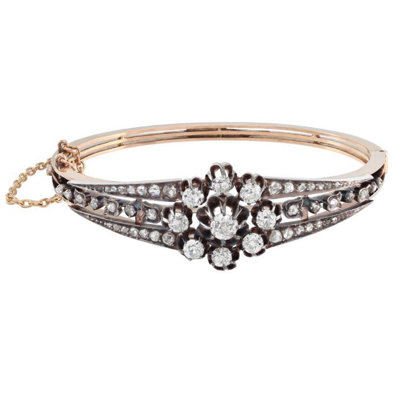 Early Victorian Diamond Yellow Gold and Silver Bangle Bracelet
