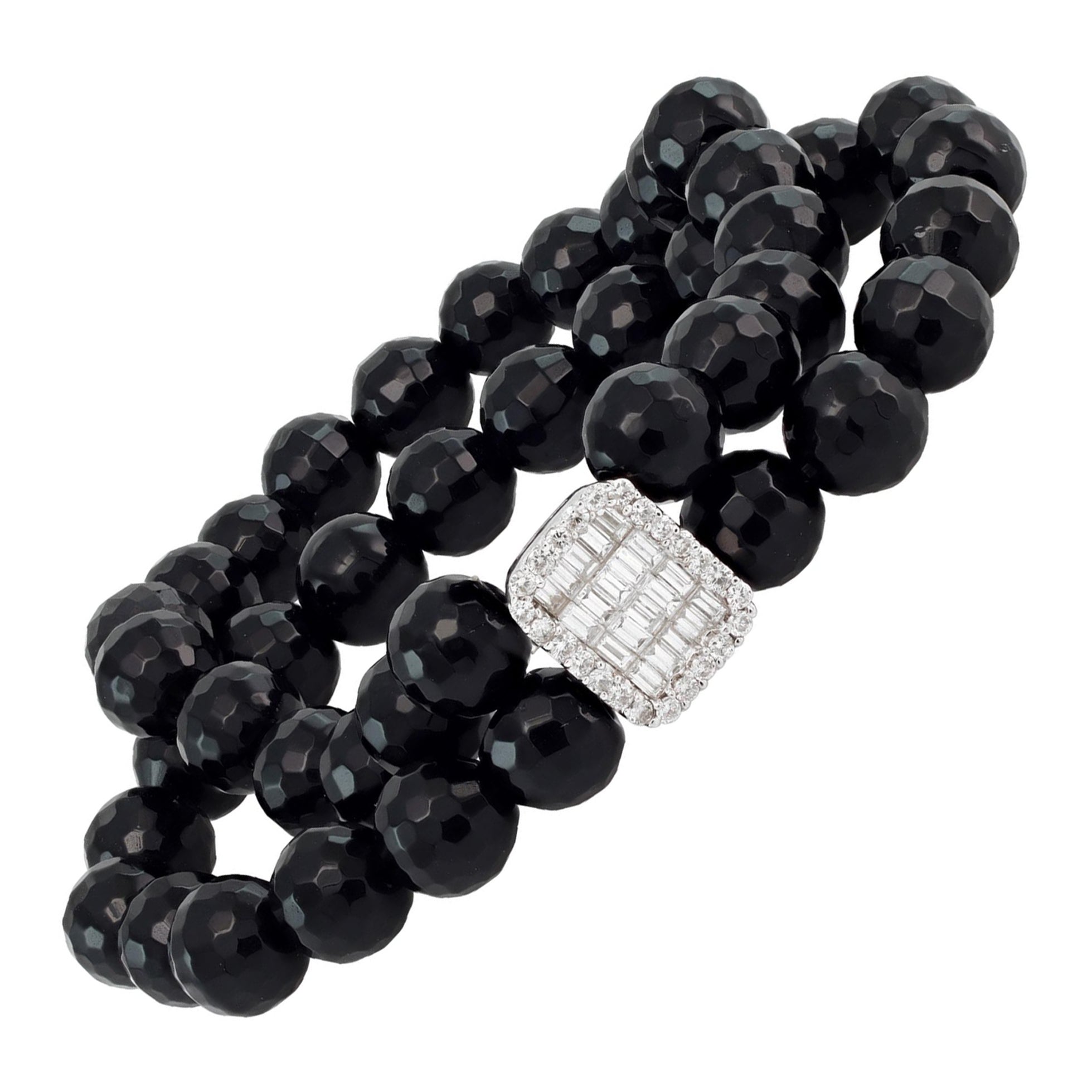 Faceted Onyx Bead Gold Stretch Bracelet with Diamond and Gold Center Station For Sale
