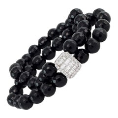 Faceted Onyx Bead Gold Stretch Bracelet with Diamond and Gold Center Station