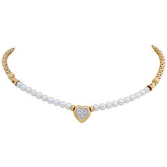 Freshwater Pearl w/ Pavé Diamond Heart and Yellow Gold Beads & Gold Necklace