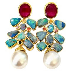 Bochic “Orient” Red, Opal & Multi Color Sapphires Earrings Set 18K Gold &Silver