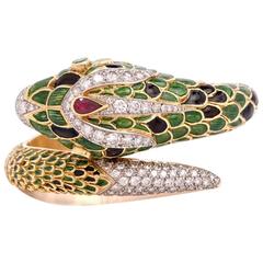 1960s Green Enamel Yellow Gold Snake Bangle Bracelet Signed ‘Claire’ 5